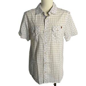 Jeans by Buffalo Button Up Cotton Shirt L White Checkered Short Sleeves NEW